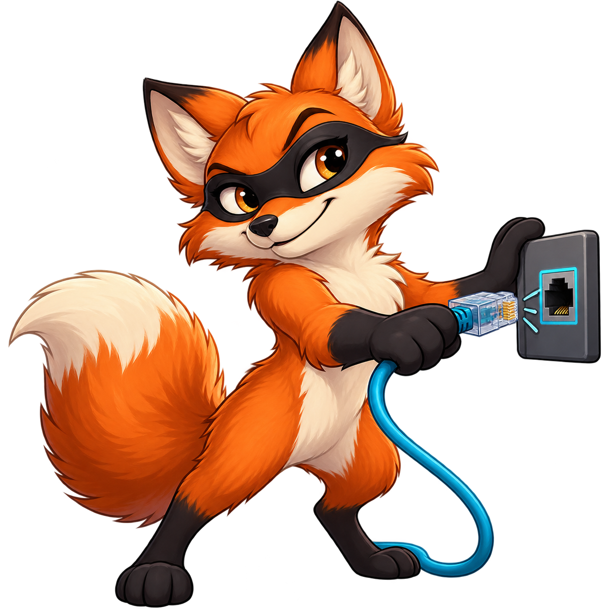 Un renard masqué débranche un câble Ethernet.